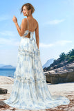 White Blue Flower Spaghetti Straps Long Bridesmaid Dress with Ruffles