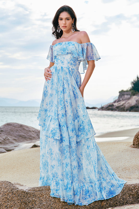 White Blue Floral Off The Shoulder Tiered Long Bridesmaid Dress