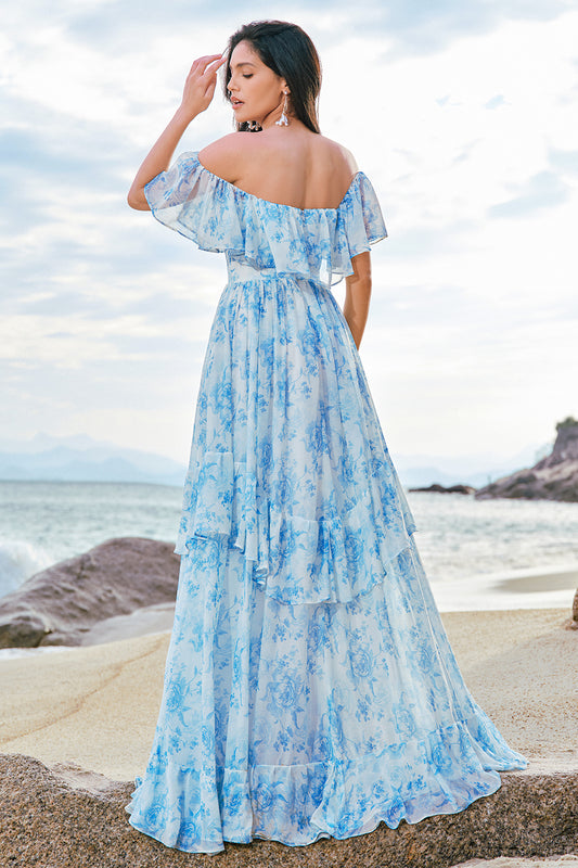 White Blue Floral Off The Shoulder Tiered Long Bridesmaid Dress