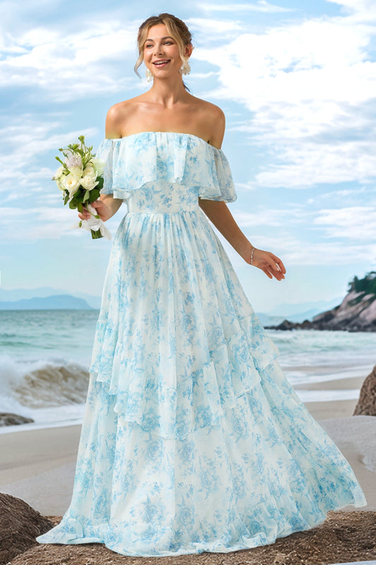 White Blue Floral Off The Shoulder Boho Long Bridesmaid Dress