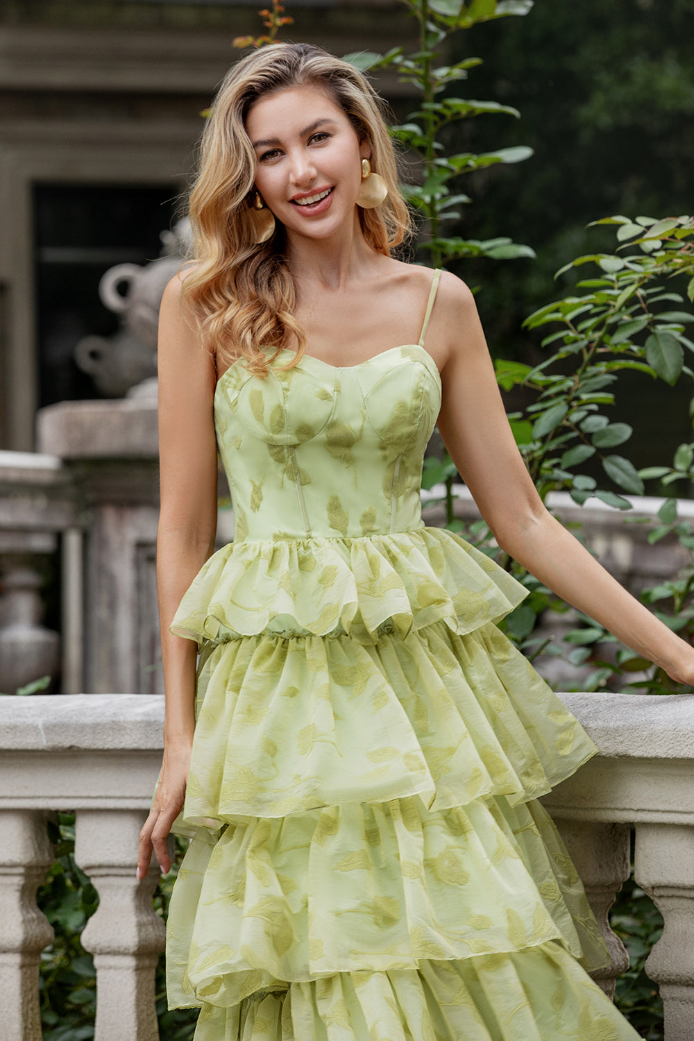 Green Flower A Line Spaghetti Straps Tiered Long Prom Dress With Ruffles