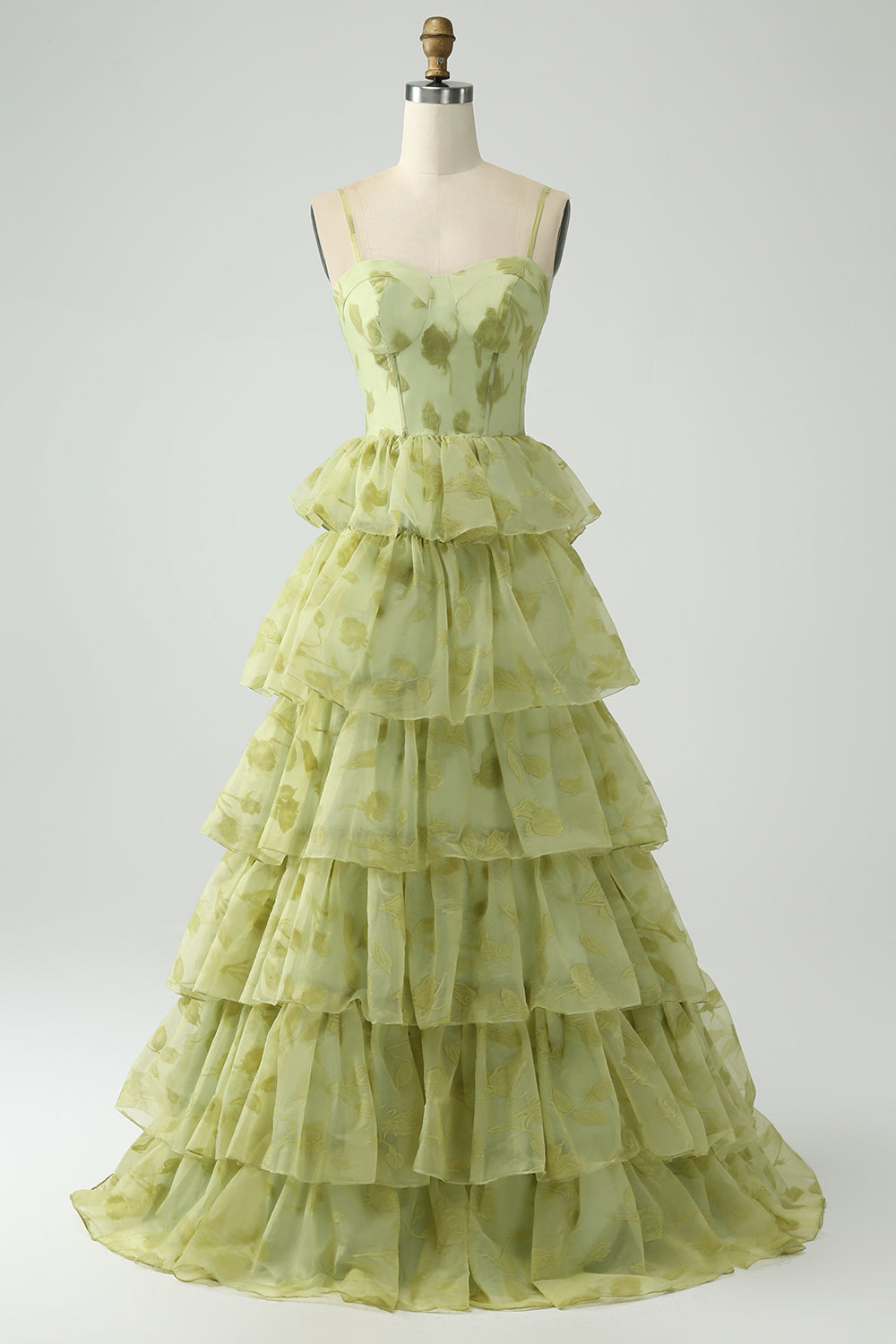 Green Flower A Line Spaghetti Straps Tiered Long Prom Dress With Ruffles