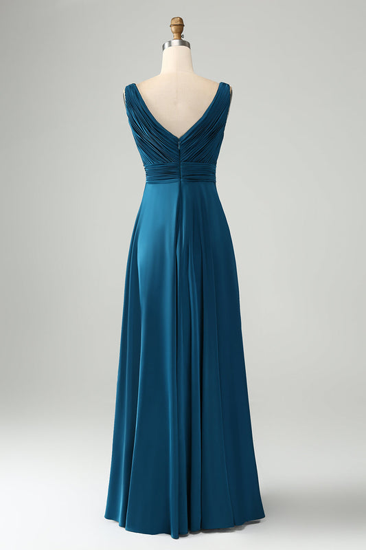 Ink Blue A Line V Neck Keyhole Long Bridesmaid Dress