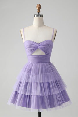 Cute Purple A Line Spaghetti Straps Tulle Tiered Short Homecoming Dress