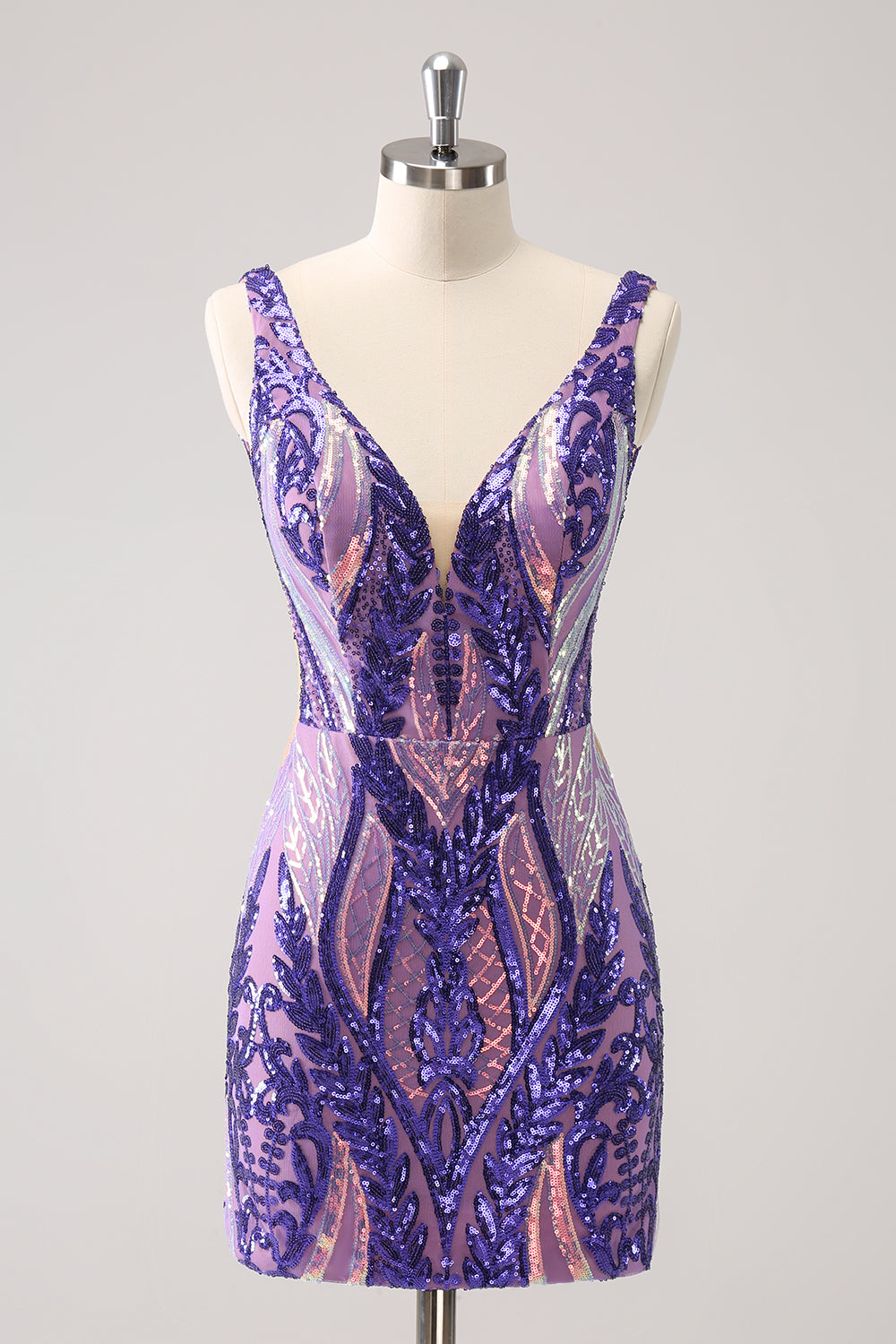 Sparkly Dark Purple Sequined Tight V Neck Homecoming Dress