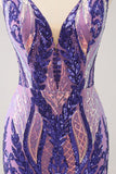 Sparkly Dark Purple Sequined Tight V Neck Homecoming Dress