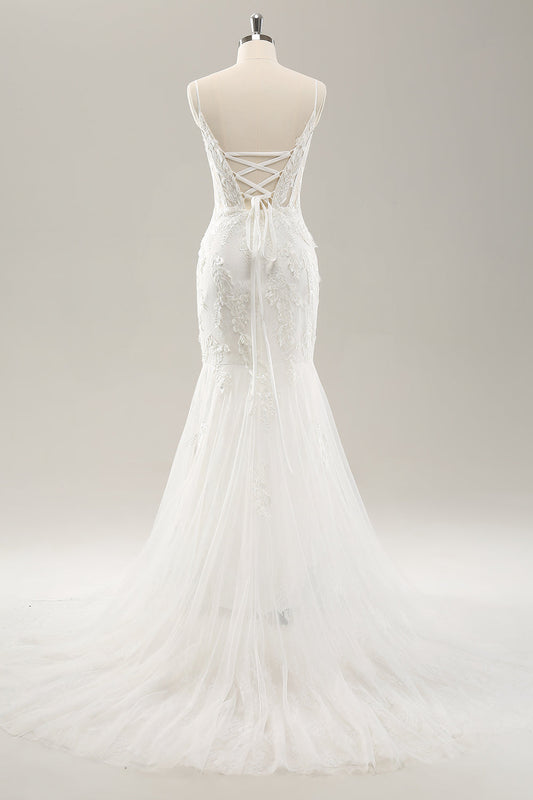 White Mermaid Corset Tulle Wedding Dress with Applique Lace