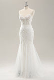 White Mermaid Corset Tulle Wedding Dress with Applique Lace