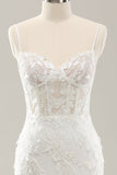 White Mermaid Corset Tulle Wedding Dress with Applique Lace