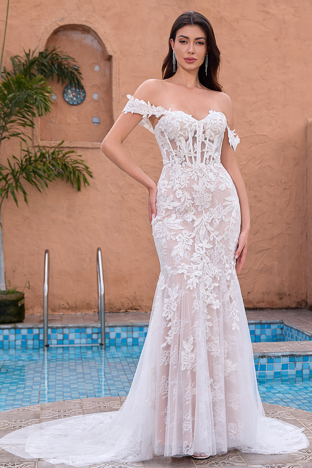 White Mermaid Off the Shoulder Corset Wedding Dress with Applique Lace