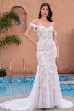 White Mermaid Off the Shoulder Corset Wedding Dress with Applique Lace