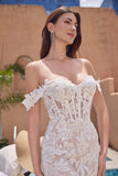 White Mermaid Off the Shoulder Corset Wedding Dress with Applique Lace