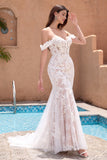 White Mermaid Off the Shoulder Corset Wedding Dress with Applique Lace