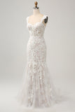 White Mermaid Off the Shoulder Sweep Train Wedding Dress with Applique Lace