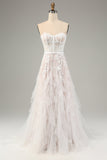 White A Line Strapless Corset Wedding Dress with Applique Lace