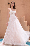 White A Line Strapless Corset Wedding Dress with Applique Lace