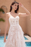 White A Line Strapless Corset Wedding Dress with Applique Lace