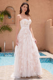 White A Line Strapless Corset Wedding Dress with Applique Lace