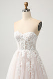 White A Line Sweetheart Sparkly Wedding Dress with Applique Lace