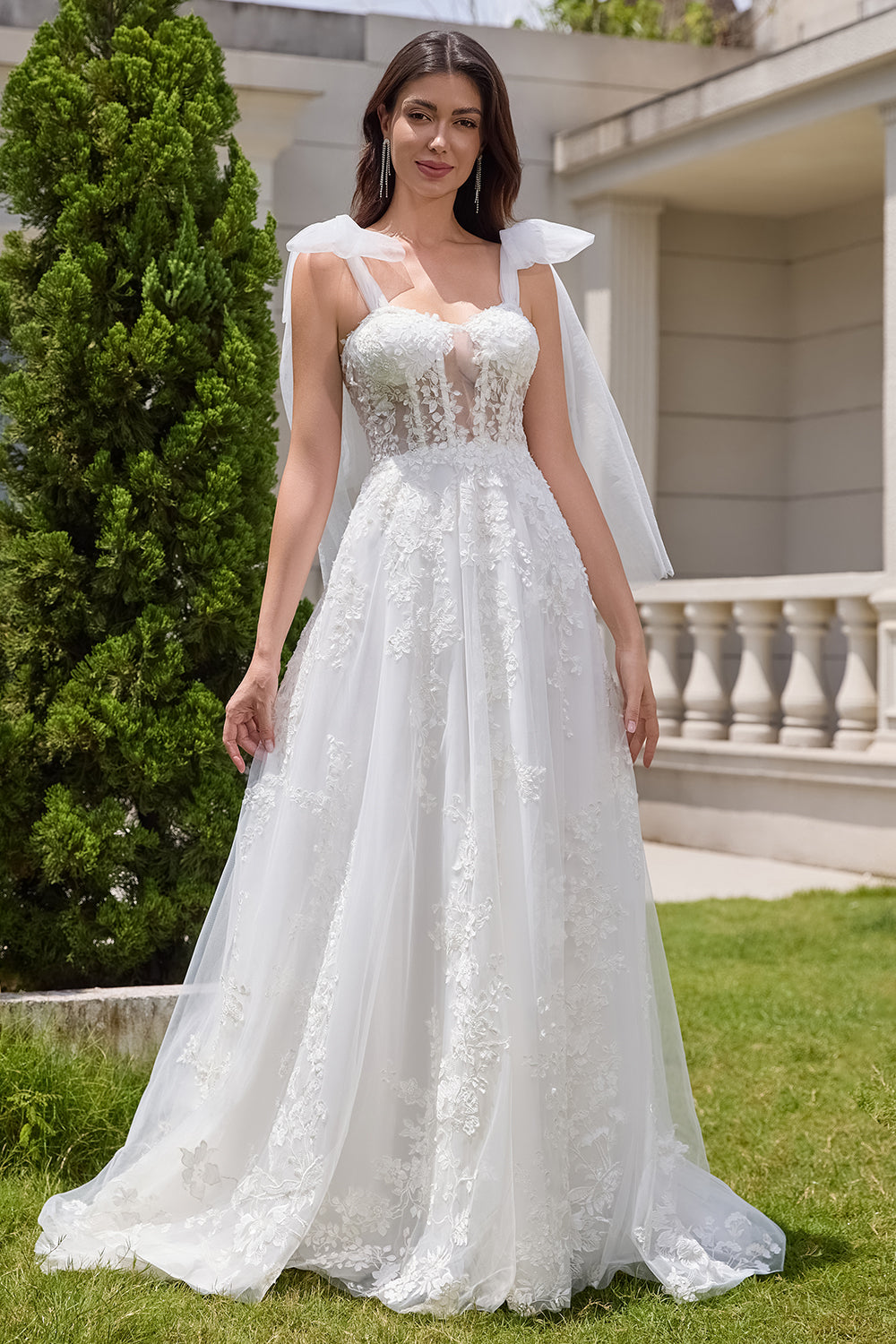 Princess White A-Line Lace Up Corset Tulle Wedding Dress with Appliques Lace