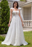 Princess White A-Line Lace Up Corset Tulle Wedding Dress with Appliques Lace