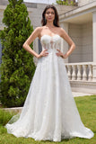 Princess White A-Line Lace Up Corset Tulle Wedding Dress with Appliques Lace