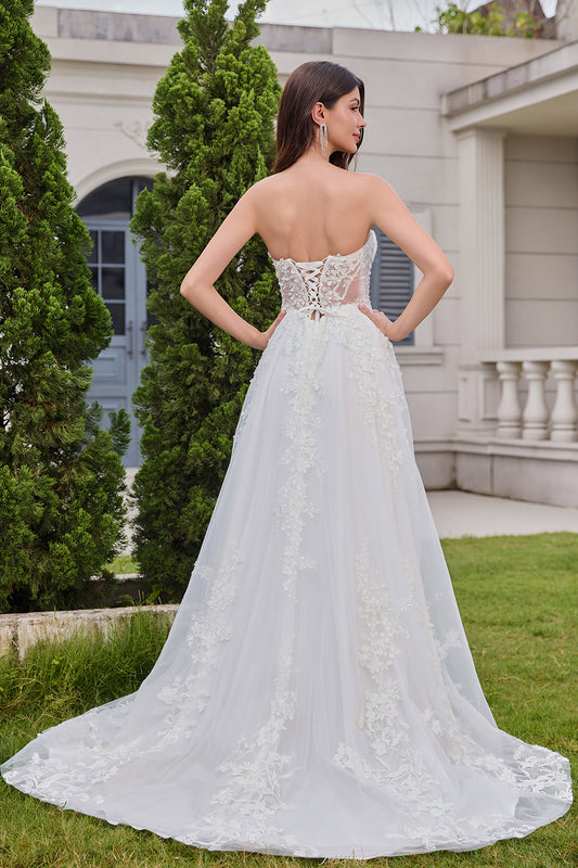 Princess White A-Line Lace Up Corset Tulle Wedding Dress with Appliques Lace