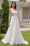 Princess White A-Line Lace Up Corset Tulle Wedding Dress with Appliques Lace