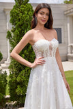 Princess White A-Line Lace Up Corset Tulle Wedding Dress with Appliques Lace