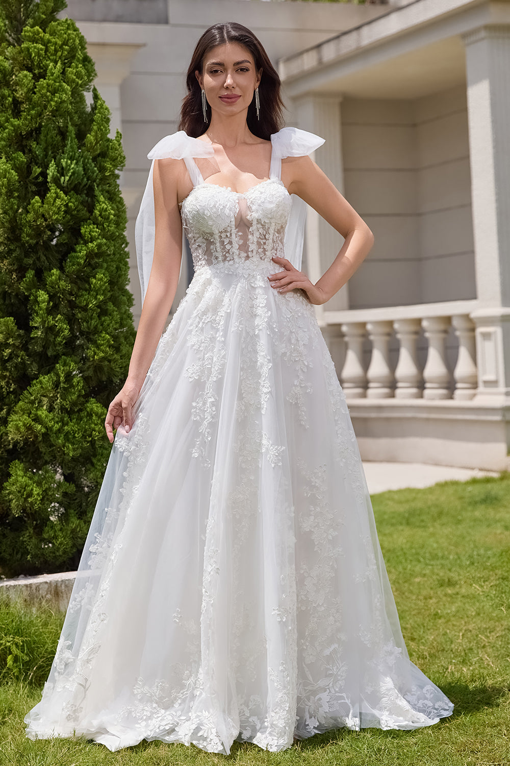 Princess White A-Line Lace Up Corset Tulle Wedding Dress with Appliques Lace