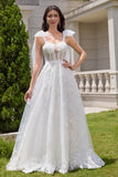 Princess White A-Line Lace Up Corset Tulle Wedding Dress with Appliques Lace