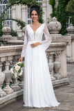 White A Line V Neck Long Sleeves Beach Boho Wedding Dress with Appliqued Lace