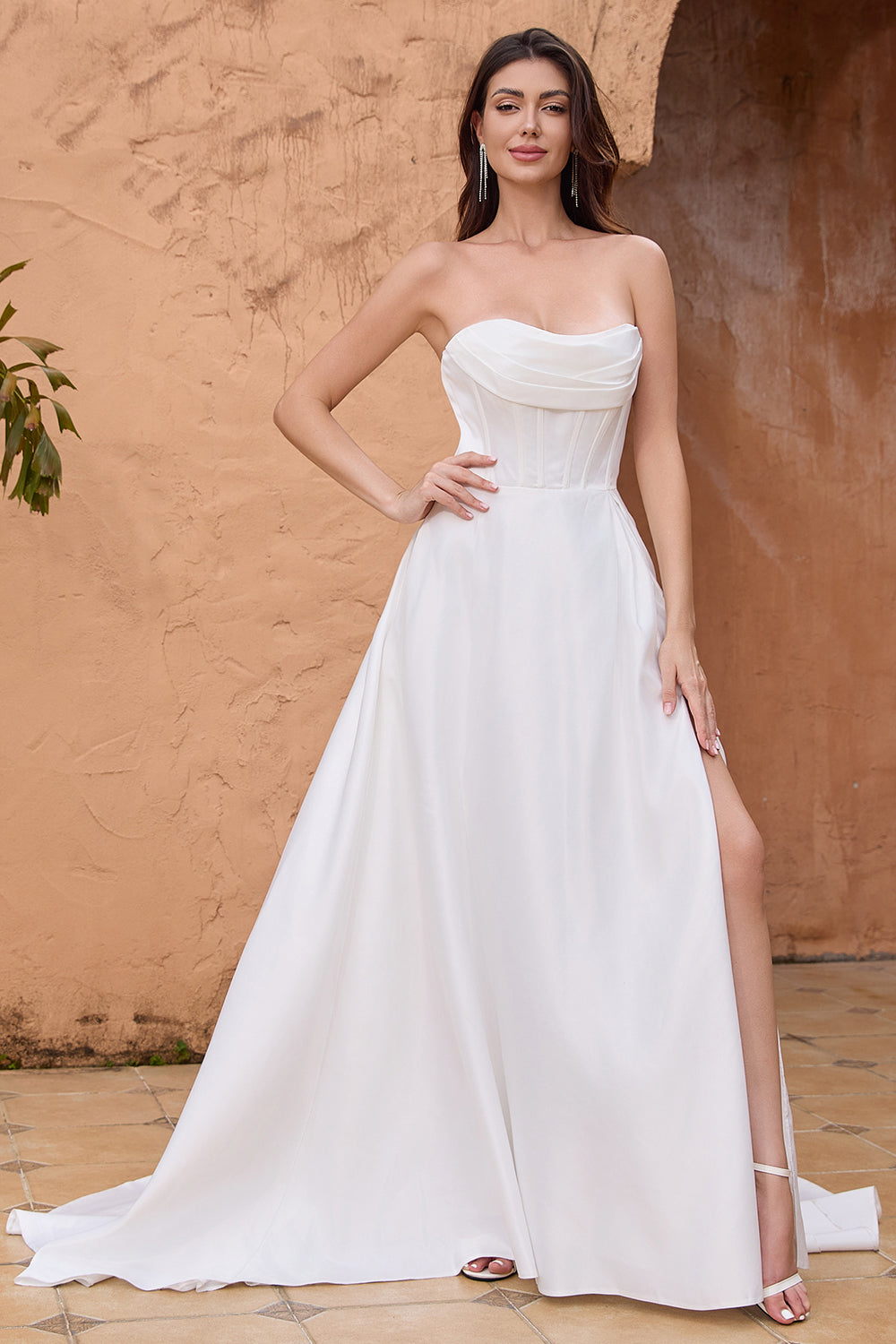 Elegant White A Line Strapless Pleated Corset Wedding Dress With Slit