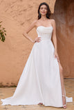 Elegant White A Line Strapless Pleated Corset Wedding Dress With Slit