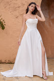 Elegant White A Line Strapless Pleated Corset Wedding Dress With Slit