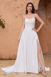 Elegant White A Line Strapless Pleated Corset Wedding Dress With Slit