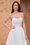 Elegant White A Line Strapless Pleated Corset Wedding Dress With Slit