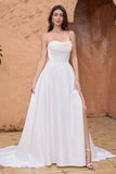 Elegant White A Line Strapless Pleated Corset Wedding Dress With Slit