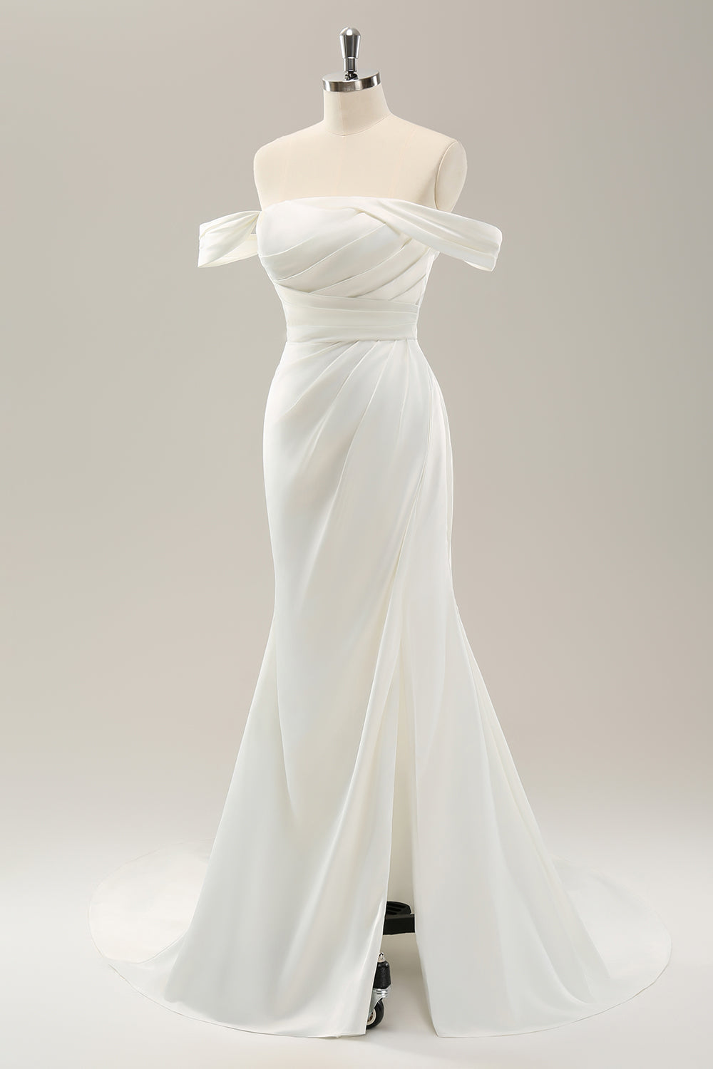 White Mermaid Off The Shoulder Pleated Satin Wedding Dress with Slit