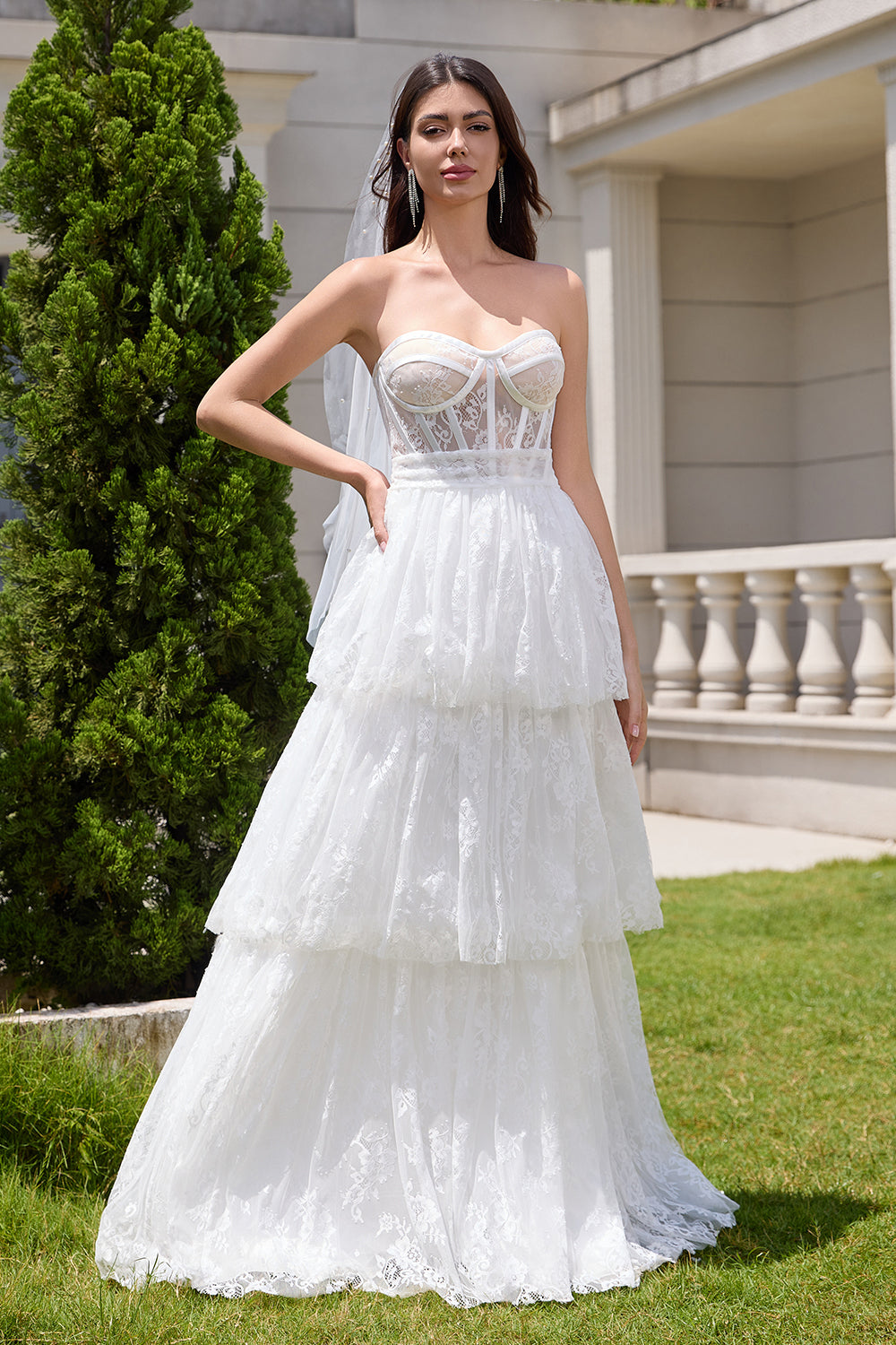 White Strapless A Line Corset Tiered Long Wedding Dress