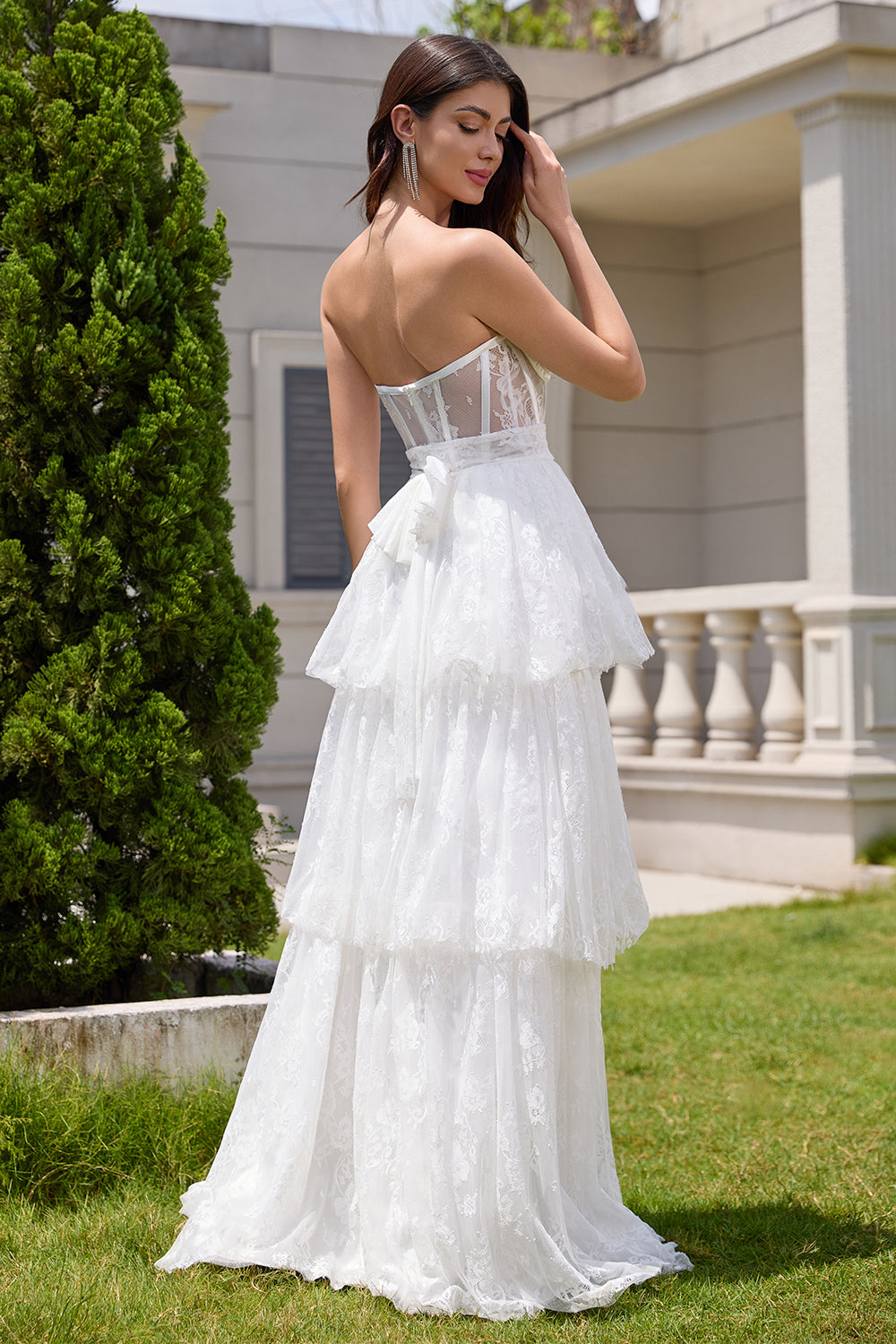 White Strapless A Line Corset Tiered Long Wedding Dress