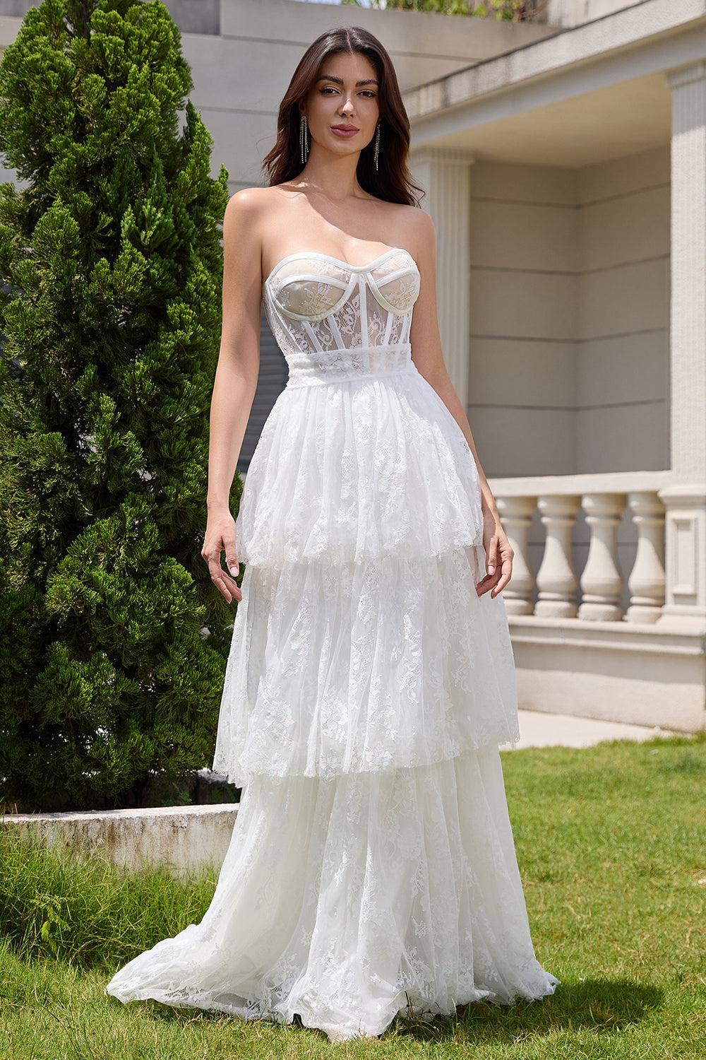 White Strapless A Line Corset Tiered Long Wedding Dress