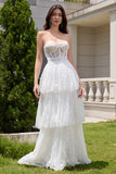 White Strapless A Line Corset Tiered Long Wedding Dress