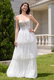 White Strapless A Line Corset Tiered Long Wedding Dress