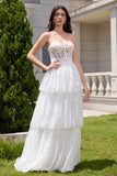 White Strapless A Line Corset Tiered Long Wedding Dress