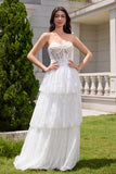 White Strapless A Line Corset Tiered Long Wedding Dress