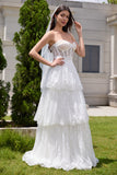 White Strapless A Line Corset Tiered Long Wedding Dress