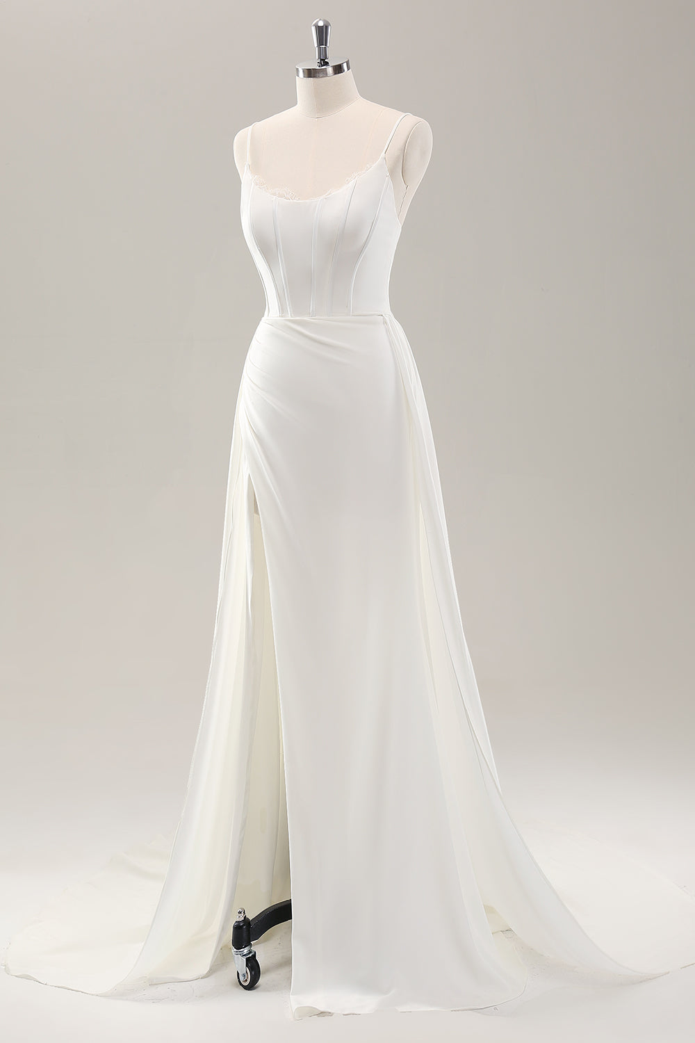 White Spaghetti Straps Satin Sweep Train Wedding Dress with Slit