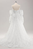 White A Line Sweetheart Applique Lace Wedding Dress with Detachable Sleeves