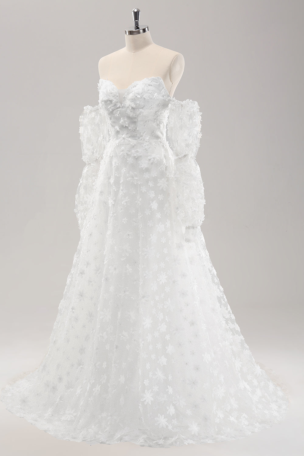 White A Line Sweetheart Applique Lace Wedding Dress with Detachable Sleeves